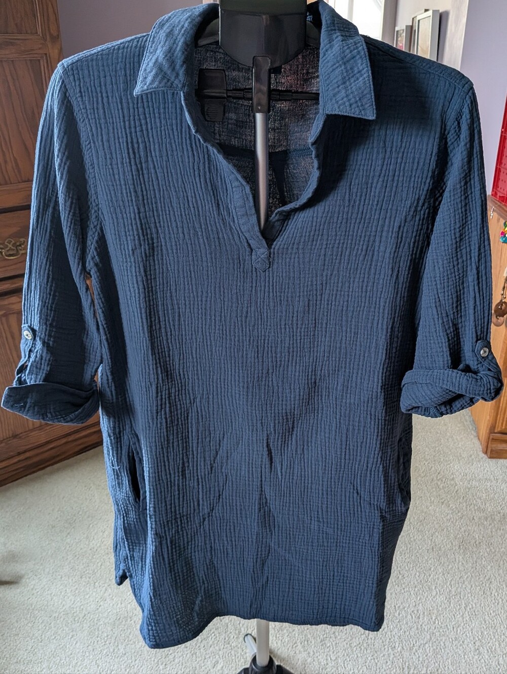 100 Percent Cotton. Navy Blue Gauze Button-Cuff Shirt
